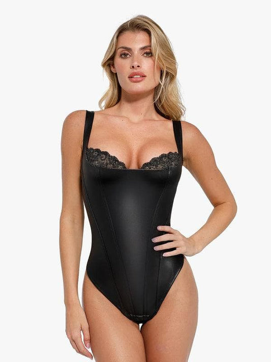 Body sculptant chic en similicuir et dentelle décolleté balconnet