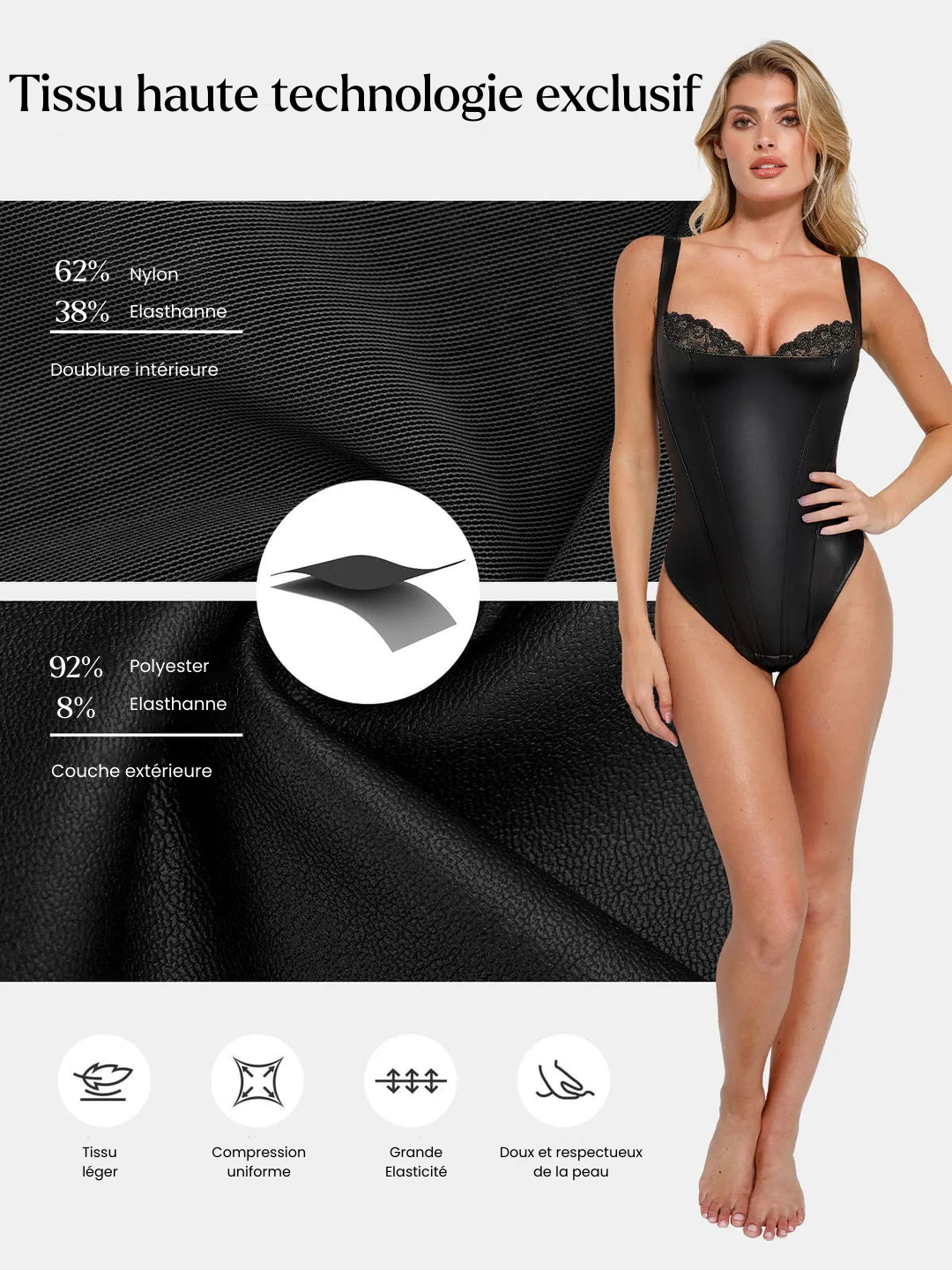 Body sculptant chic en similicuir et dentelle décolleté balconnet