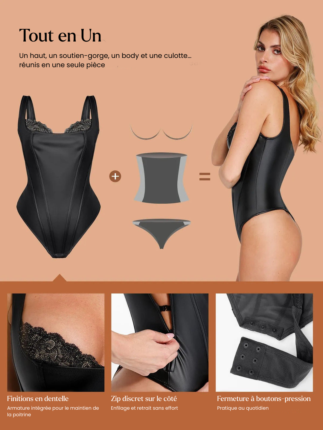 Body sculptant chic en similicuir et dentelle décolleté balconnet